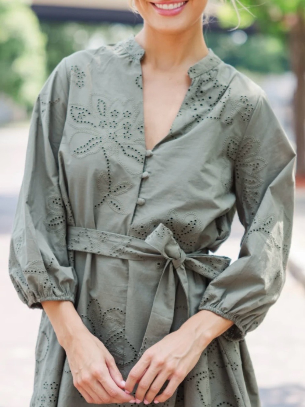 Zara Sage Green Eyelet Tie-Waist Mini Dress